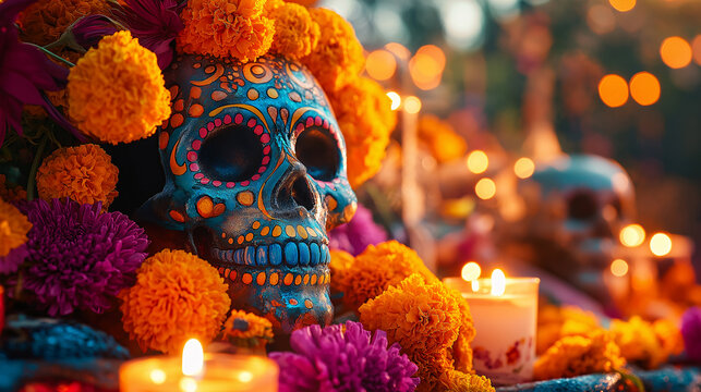 Image close-up of beautiful sugar skulls decorated "Day of the Dead" Mexican Festival with colorful marigolds and candles.