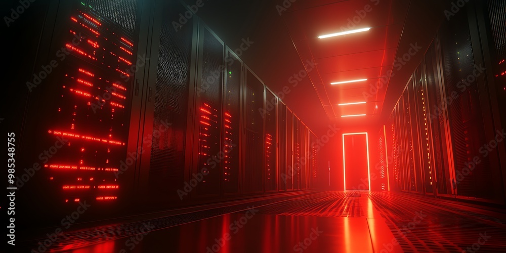 Aufkleber red-lit server room with glowing lights and a doorway at the end.