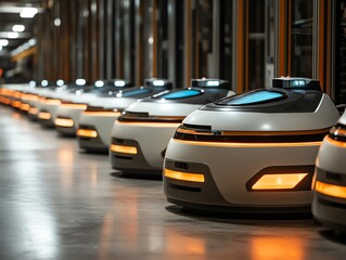 Fototapeta premium Row of autonomous robots with orange lights in a warehouse.