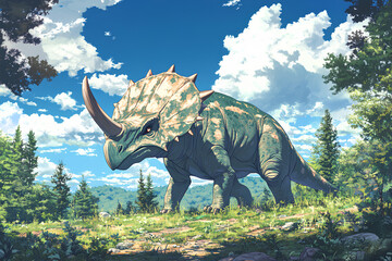 Fototapeta premium a Triceratops in the forest, blue sky and white clouds