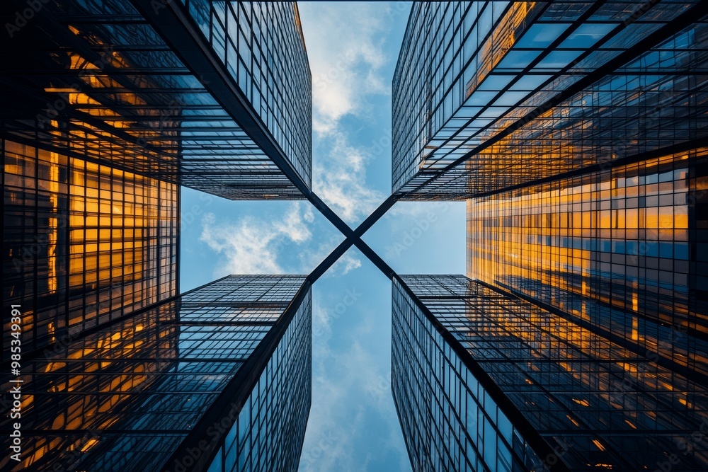 Poster low angle view of four glass skyscrapers with reflections of blue sky and clouds in their windows.