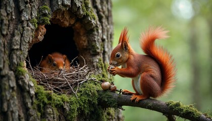 Red squirrel eating on a tree branch with baby birds in a nest