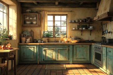 Rustic kitchen with wooden cabinets, a window overlooking a garden, and a wooden table with an apple and bread. © DudeDesignStudio