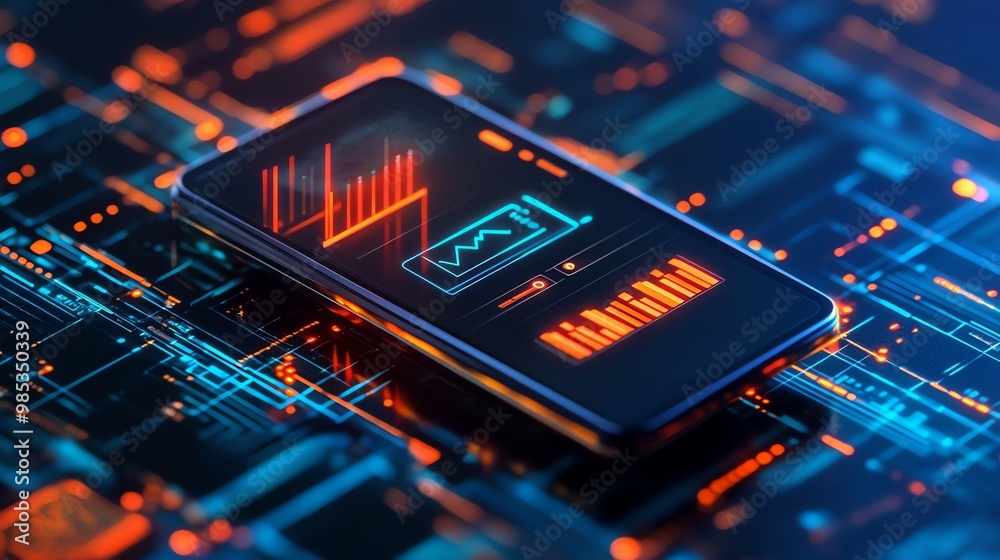 Poster Smartphone with glowing lines and bars on screen, depicting data analysis.