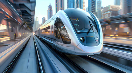Fototapeta premium Modern train speeding through a futuristic urban landscape