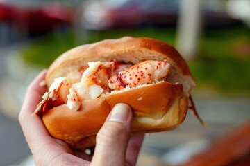 Fresh lobster roll in bread, close-up in person hand. Juicy seafood meat, sweet and succulent, served on toasted bun. Delicious, mouth-watering, and appetizing seafood dish.