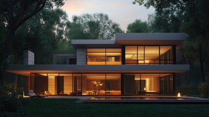Obraz premium A modern house with sleek lines, softly lit in the evening, rendered with a realistic outdoor background of trees and sunset sky