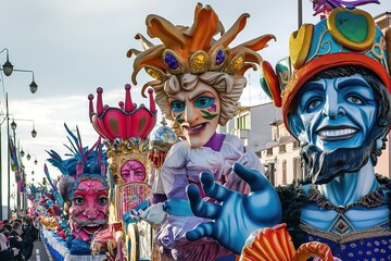 Colorful carnival parade in Viareggio, Italy. Vibrant allegorical floats, ornate masks on display. People dressed in elaborate costumes dance, perform. Annual event celebrates European culture with