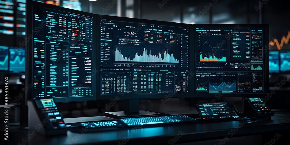 Poster Three computer monitors display data with charts and numbers, a keyboard, a tablet, and a telephone on a black desk in a dark office.