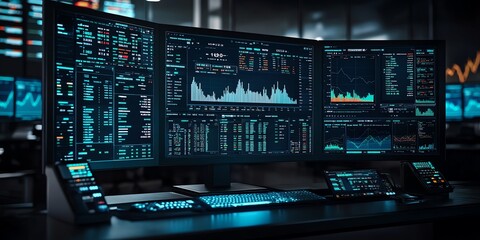 Obraz premium Three computer monitors display data with charts and numbers, a keyboard, a tablet, and a telephone on a black desk in a dark office.