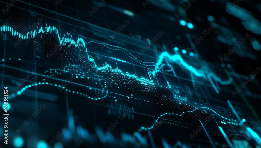 Poster Abstract background of a computer screen displaying a stock market graph with blue and green lines.