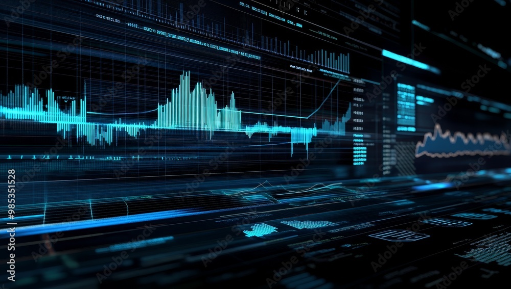 Poster Abstract digital data visualization with blue glowing lines and graphs on a black background.