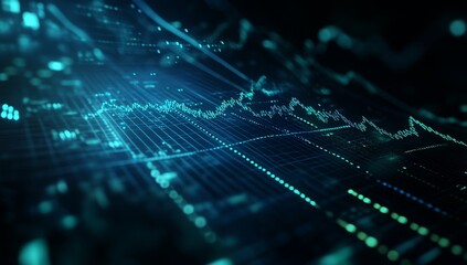 Abstract digital data visualization with a blue and green color scheme.