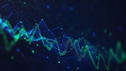 Abstract blue and green data visualization with a digital wave pattern.