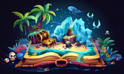 cartoon open book with pirate island and treasure chest on dark background, cute adorable character concept design, game art logo, casual mobile title text for an online slot casino game app icon