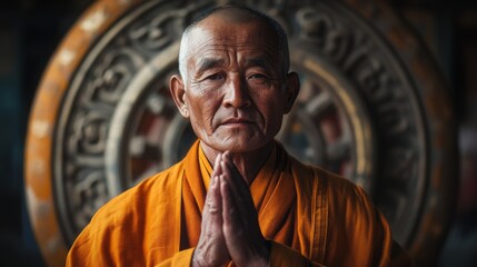 A portrait of a Tibetan monk standing in front of a large prayer wheel, his hands gently turning it, his expression one of deep reverence and peace