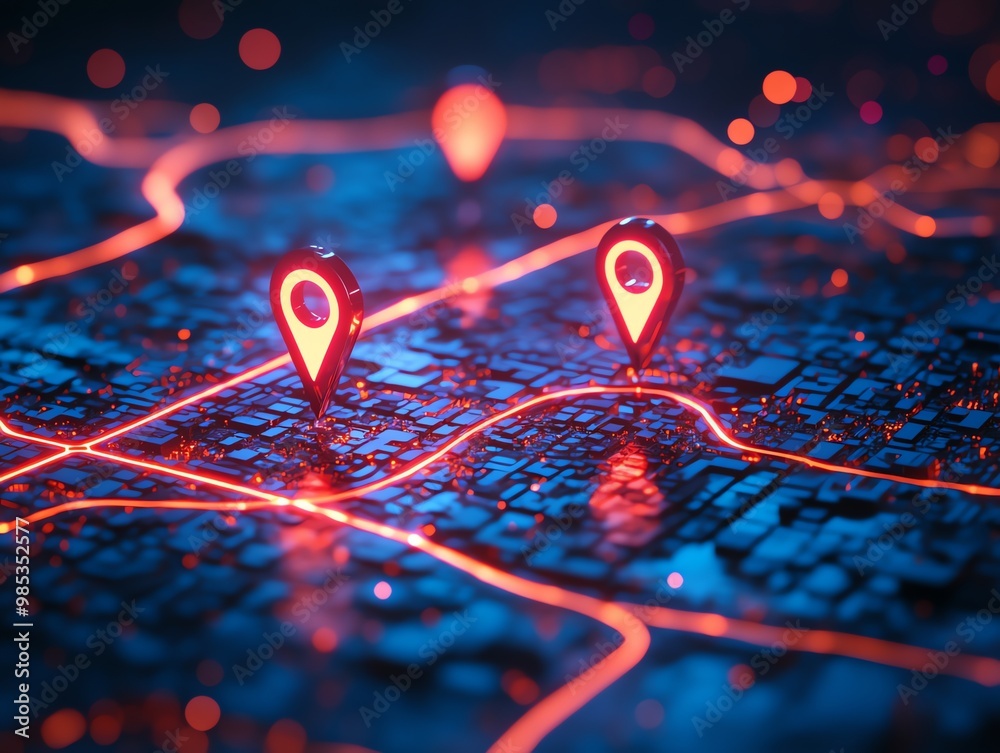 Poster two glowing red location markers on a futuristic blue city map with red illuminated paths.