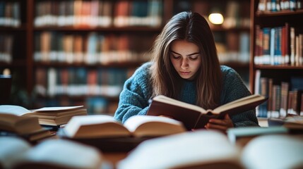 Young woman studying intently in a library surrounded by books.
