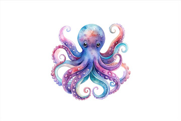 Dreamy Watercolor Octopus illustration of an expressive with soft. PNG clipart style, glowing in the abyss, with bioluminescent spots, isolate on white. Captures the ocean's mystery.