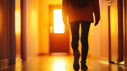 A person walking down a brightly lit hallway, creating a warm and inviting atmosphere with soft sunset colors.