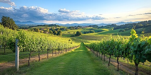 Naklejka premium Vineyard rows with green grass and a path leading to the distant hills, blue sky with puffy clouds.