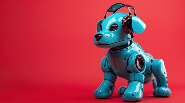 Futuristic robot dog wearing a headset on a red background AI generated image