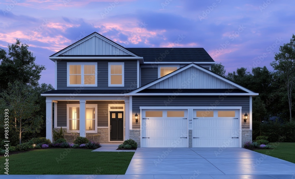 Poster modern two-story home with a two-car garage and a front yard with a walkway, illuminated at dusk.