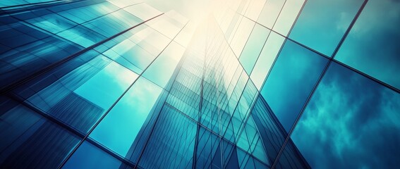 Fototapeta premium Low angle view of a modern glass building with a blue sky and clouds reflected in the windows.
