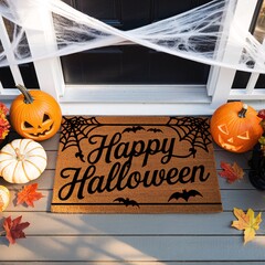 Happy Halloween Welcome Mat with Pumpkins, Spider Webs, and Autumn Leaves on Porch