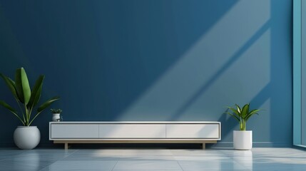 Wooden cabinet in a minimalist room with blue walls AI generated image