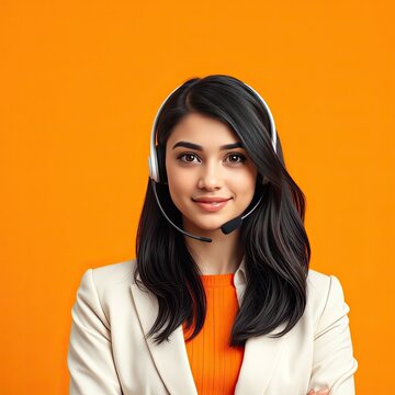 Telecaller images, a call center operator, a Young Woman Working in Customer Support with a Headset, a Smiling Call Center Agent with Headset on an Orange Background
