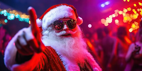 a photo of santa claus dancing in the club with neon lights and party people around him