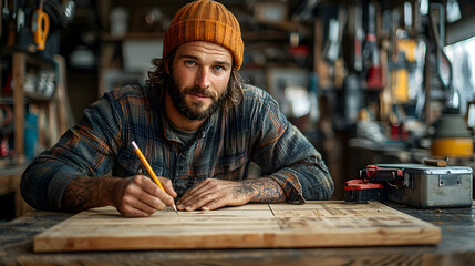 A carpenter measuring wood for cutting, their pencil marking precise lines, with an organized toolbox and a saw resting on the workbench beside them