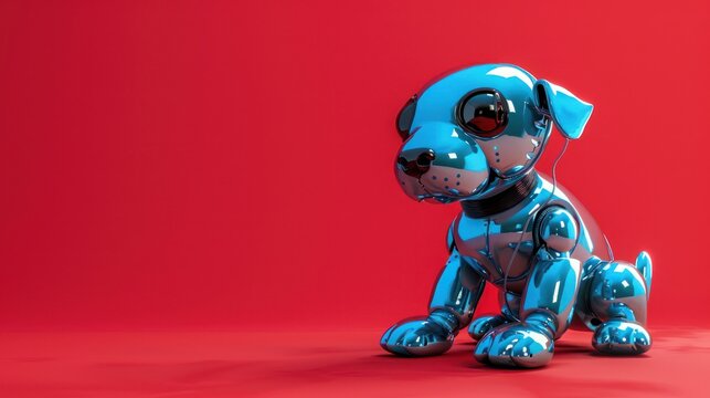 Futuristic robot dog wearing a headset on a red background AI generated image