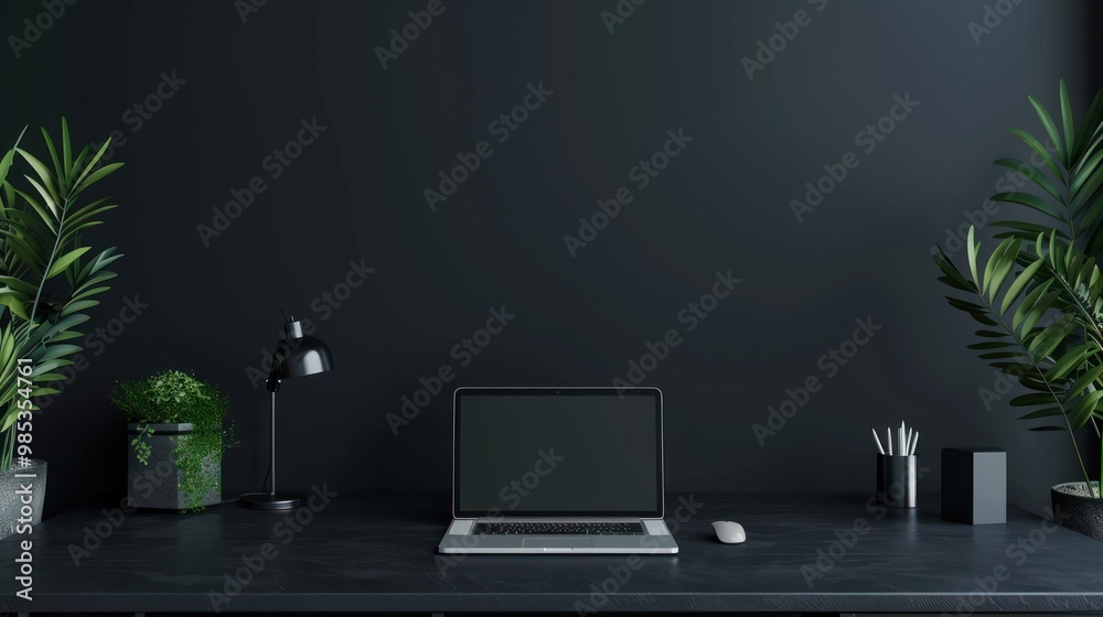 Wall mural Stylish workspace with laptop on black ceramic table and office decoration on dark wall AI generated