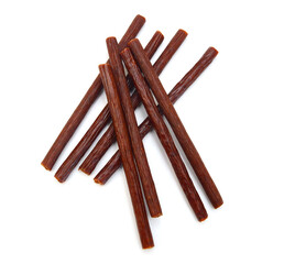 Smoked thin sausages, isolated on white