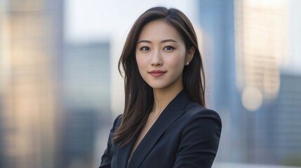Asian businesswoman in a chic suit, standing confidently outdoors with a blurred business district skyline behind her.