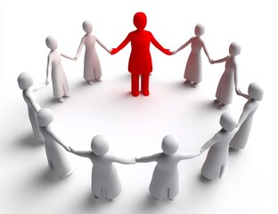 Red leader stands in circle of white figures holding hands, isolated on white background.