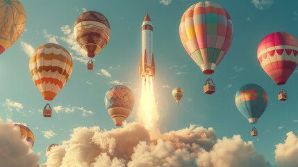 Fototapeta premium Space rocket launching through clouds surrounded by colorful hot air balloons