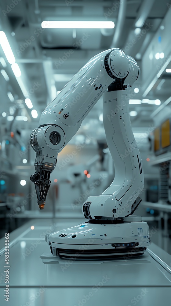 Poster white robotic arm on a metal platform in a modern factory.