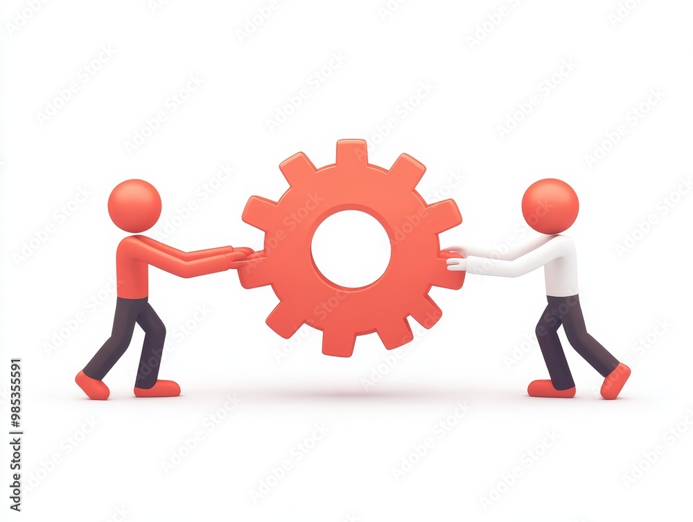 Poster two cartoon characters are working together to turn a large red gear.
