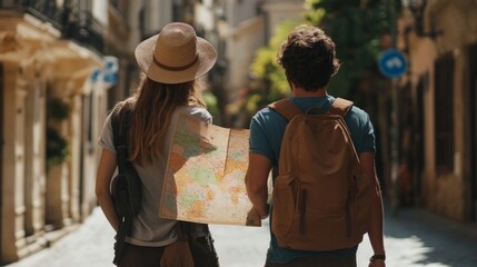 Happy couple enjoying in travel while exploring a map during their walk through the town. 