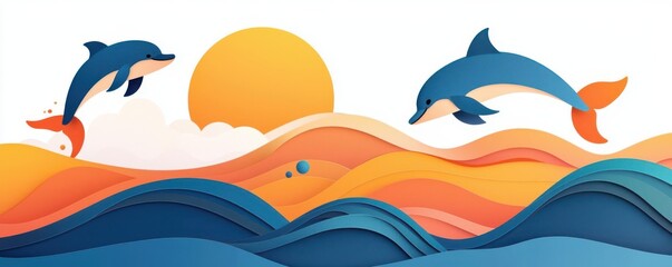 Fototapeta premium Dolphins jumping over waves, sea animals and ocean background, flat design illustration