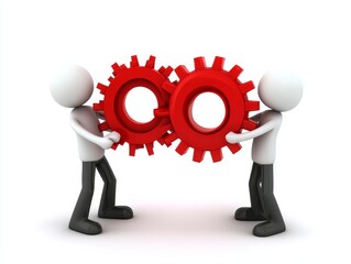Two 3D figures holding red gears, illustrating teamwork and collaboration.