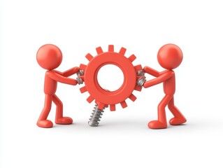 Two red stick figures turning a large red gear.