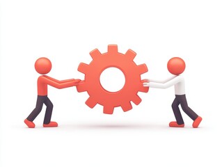 Two cartoon characters are working together to turn a large red gear.