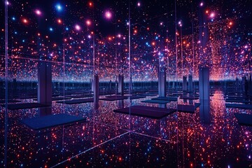 Infinity mirror room art installation at Tate gallery. Modern art display featuring colorful lights, mirrors, sculpture. Visitors view, admire, explore unique art piece. Contemporary art culture on
