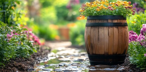 Wooden barrel planter with flowers next to a garden path with a stream and stones.
