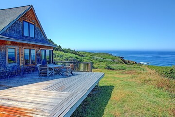Fototapeta premium Wooden cabin on a hill overlooking the ocean with a wooden deck and furniture.