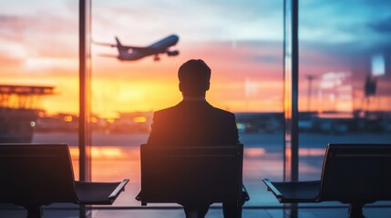 Fototapeta premium Real photo of travel by plane, Businessman passenger waiting in airport, silhouette of passenger watching aircraft taking off.